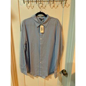 Light blue, long-sleeved, button-up shirt by the brand Ouku.